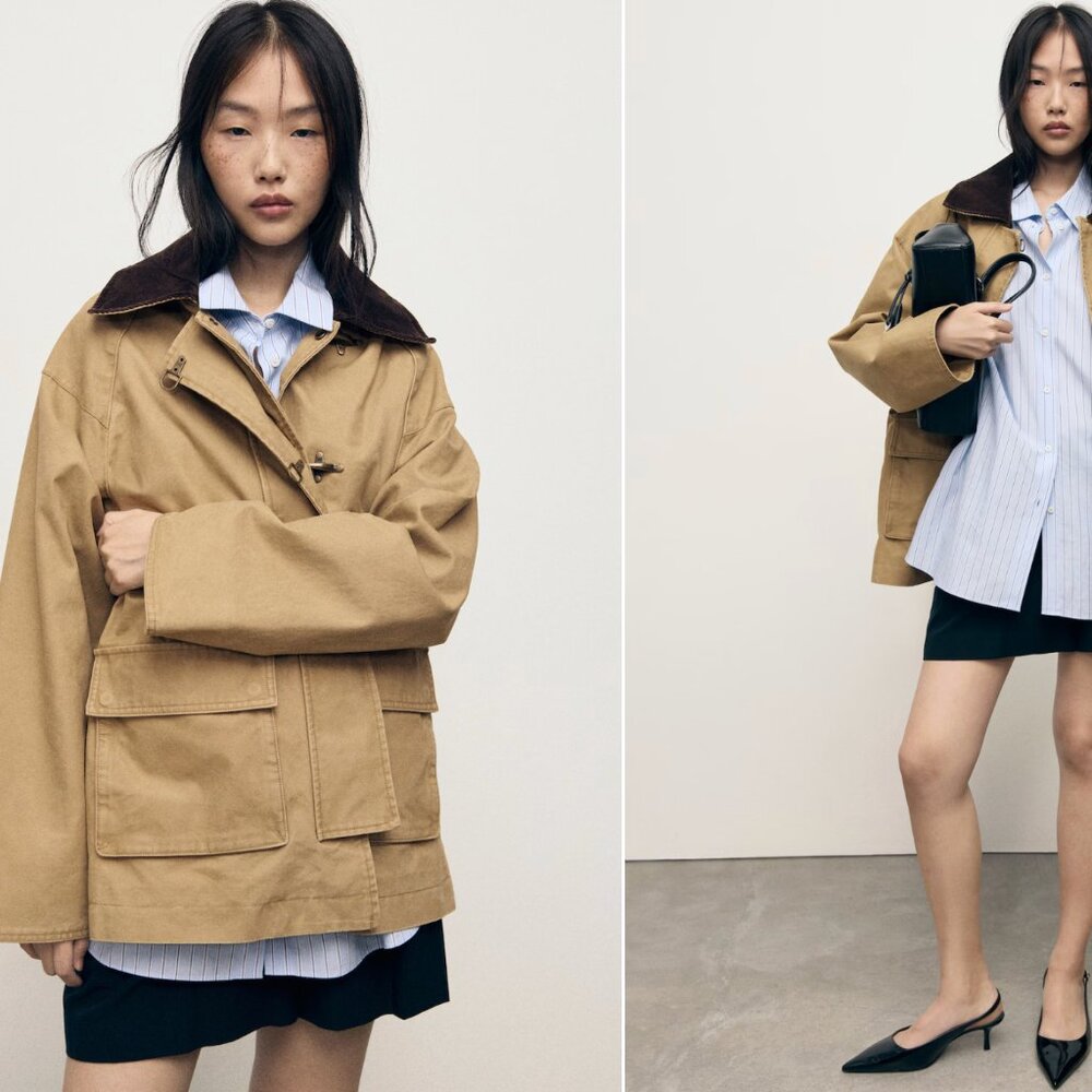 Oversized barn jacket with contrasting collar - Picture 6 of 6